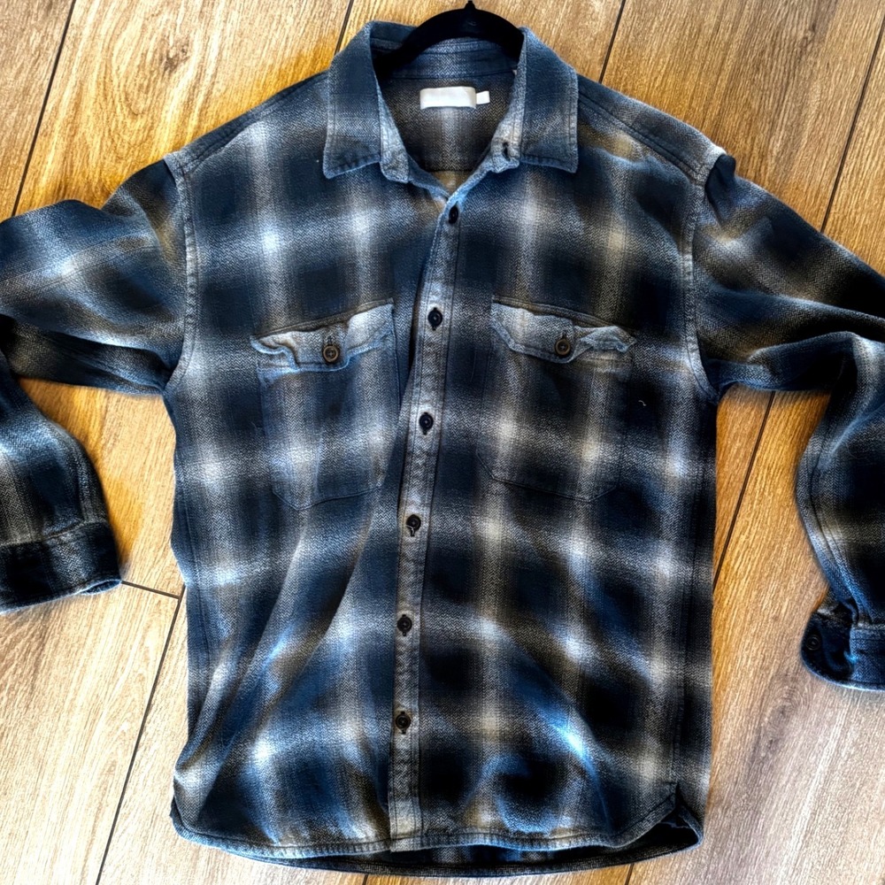 Vince Mens Ombre Plaid Herringbone Japanese Cotton Button Down Shirt Black L
